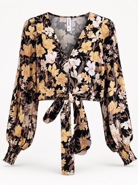 KIVARI 100% Linen Floral Tie Front Crop Top | Long Sleeve | AU 10 / US 6 | NWT